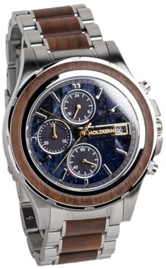 HOLZKERN Herren-Chronograph Solar KOH Mak Walnuss/Marmor 9010631007140 | Gehäuse aus poliertem Edelstahl, Armbanduhr für Männer,