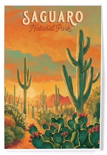 Lantern Press Saguaro National Park Wall Art Print 8x12 – Arizona Desert Cactus Poster – Vintage Style Saguaro Cactus Artwork – Southwest Wall Decor – Made in USA
