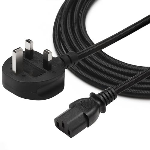 TRD UK Kettle Lead Power Lead 0.5M, 1M, 3M & 5M 3 pin power cable for TV, pc, monitor, plug, printers power cord (2M Braided)