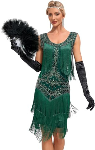 Viloree Vestido con Flecos y Lentejuelas con Cuello en V de los años 20 y Accesorios de los años 20 Verde (56) M
