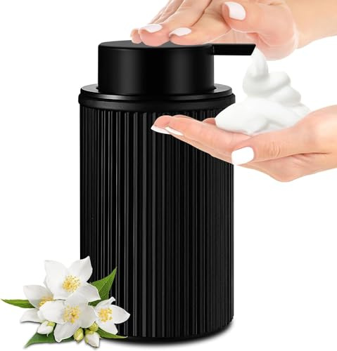 KASUNTING Matte Black Foaming Soap Dispenser, Ribbed Glass Foam Hand Soap Dispenser for Bathroom, 11 Fl Oz Refillable Foaming Bottle with Black Pump, Modern Dish Soap Foam Dispenser