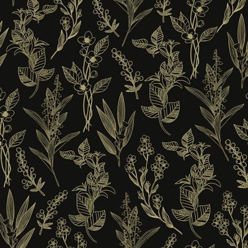 Fvlow Gold Leaf Peel and Stick Wallpaper - Vintage Black Floral - Kitchen Worktop Covering - Bedroom Furniture Sticker Décor - 44.5cmx300cm
