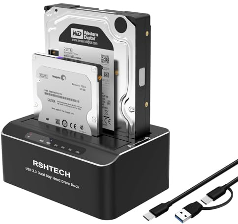 RSHTECH Hard Drive Docking Station Aluminum USB-C/USB 3.0 to SATA Dual Bay Hard Drive Dock for 2.5 or 3.5 inch HDD SSD, with 2-in-1 USB Cable, Support Offline Clone, UASP and 2x22TB, RSH-DS01C