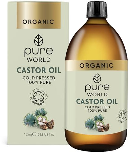 Pure World Natural Organic Castor Oil 1000ml Premium Quality Cold & Fresh Press Glass Bottle Hexane Free for Hair, Skin - Ideal for Moisturizing, Conditioning, and Eyelashes & Eyebrows- Food Grade