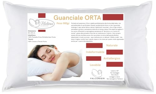 Falconieri Guanciale in Piuma d'Oca - 100% Piumetta, Fodera 100% Cotone, Anallergico, Tenuta Piuma GR. 900 CUSCINO LETTO 50 X 80 CM CON CORDONCINO