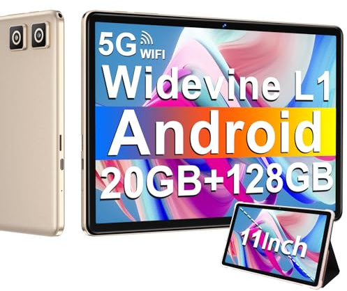 Tablette Android 14 avec Widevine L1, 13MP+5MP, 8000 mAh + Charge Rapide 18 W, Tablette Tactile 11 Pouces avec 20 Go RAM + 128 Go ROM (Extensible 1 To), 5G Wi-Fi, GPS, Octa-Core 2.0 GHz, Face ID, Or