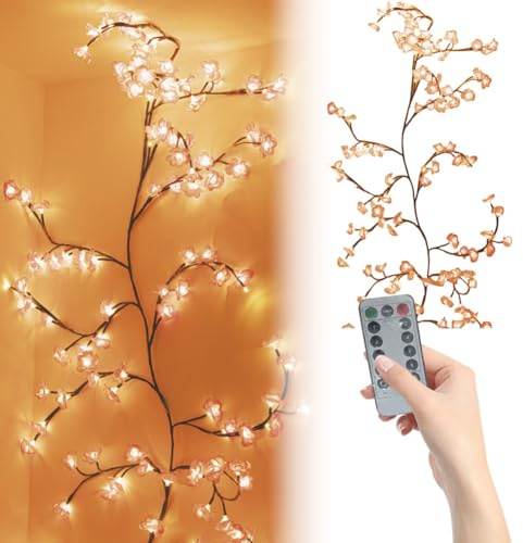 AZURAOKEY - Luces de vid con mando a distancia, luces de flor de cerezo con 144 luces LED iluminadas de vid de sauce 8 modos de iluminación para paredes, recámara, decoración del hogar (2,3 m 144