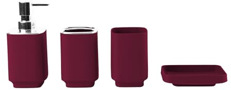 Hosoncovy Juego de 4 accesorios de baño con dispensador de jabón, taza de baño, jabonera, cepillo de dientes y soporte para pasta de dientes (rojo vino)