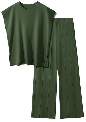 PASUDA 2 Piece Outfits for Women Tracksuits Sweater Sets Lounge Wear Sets Knit Pullover Tops Elastic Waisted Pants Loungewear Set Sleepwear Homewear (Green, L)