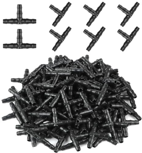 Rolcoassuns 100 raccordi a T universali per irrigazione a goccia da 1/4, connettori spinati da 1/4, raccordi per irrigazione a goccia per tubi d'acqua da 4 mm/7 mm, sistema di irrigazione a goccia