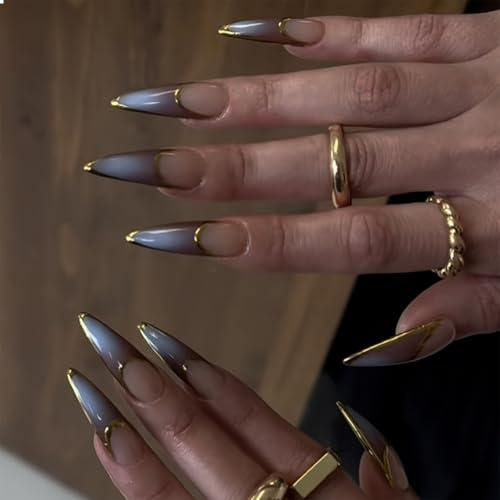 GlamRays Langer Stiletto Press on Nails Falsche Nägel Französische Spitze Braun Ombré Klebernagel Chrom Akrylnägel Mandel Vollumfängliche Gel Künstliche Aufnageln 24 Stück