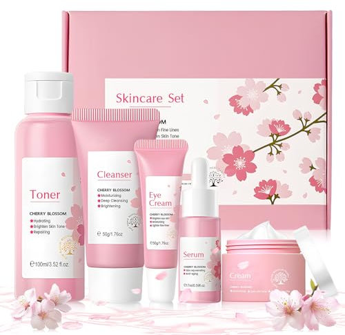 Allony Kit per la Cura Della Pelle Sakura, Kit Skincare Viso Completo con Tonico, Detergente,Crema Viso, Detergente visos, Tonico, Creme, Crema Occhi e Siero, Sakura Skincare Set 5 Pezzi