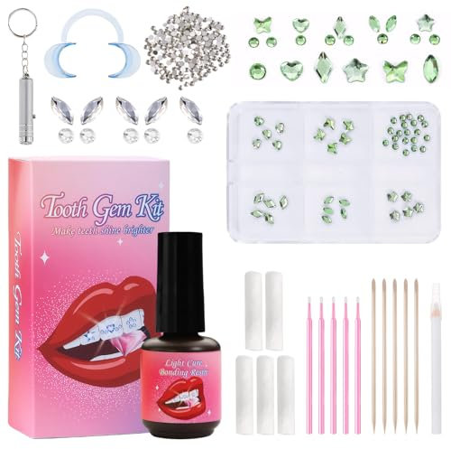 Zahnschmuck Set Tooth Gem Kit Zahnstein Schmuck Zahnstein Set Zahnschmuck Zahnsteine Tooth Gems Zahn Steinchen Set Zahnschmuck Set Tooth Gem Kit mit 1490Pcs Tooth Gems und Werkzeugen(Grün+Weiß)