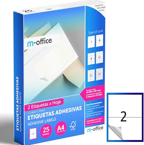 M-office Etiquetas Adhesivas A4 compatible con Label Printer, Pegatinas Blancas Adhesivas para Uso Diario, Papel Adhesivo para Imprimir, Pegatinas para Escribir (2 por hoja, 25h)