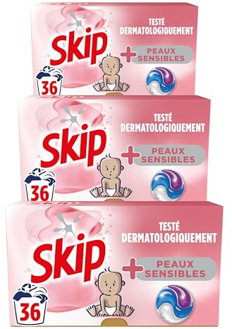 SKIP - Lessive Capsules - Tout en 1 - Peaux Sensibles - Propreté Impeccable et un Linge éclatant- Testées Dermatologiquement - Lot de 3x36 lavages
