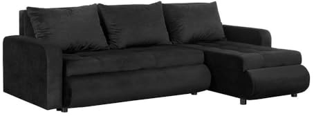 FORNIRO 24 Serena Ecksofa 226x143x83cm Schwarz Wohnzimmer Couch Schlafsofa | Mit Schlaffunktion & Bettkasten - L-Form - Kissen - Stoff Komfort | ausziehbar Gäste bequem Stauraum Design hochwertig robust