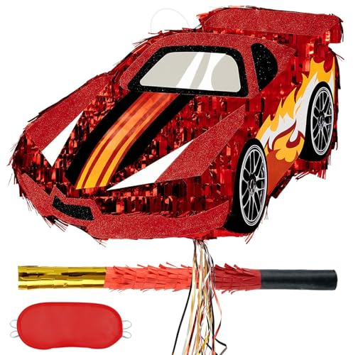 WERNNSAI Rennwagen Pinata – Ren Piñata Deko Geburtstag Junge Kinder Rennauto Piñata mit Stock Augenbinde Rot Rennwagen Geburtstagspartys Dekoration Glitzernde Junggesellinnenabschiede Spiele
