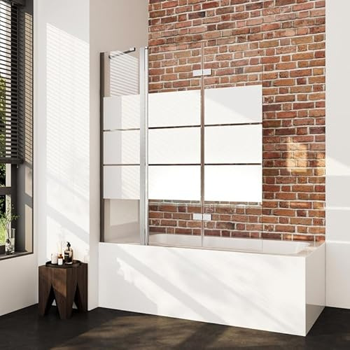 WDWRITTI Duschwand für Badewanne 150x140cm 3-Teilig Faltwand, Gestreift Faltbar Duschabtrennung mit Seitenwand und 6mm ESG Sicherheitsglas, 180° Badewannenfaltwand aus Silber Alu