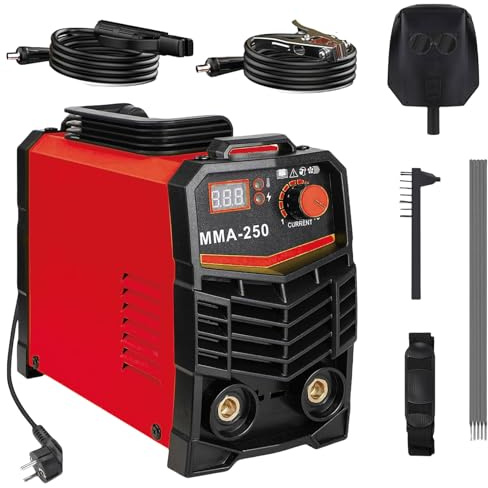 Poste à souder à électrodes 250A, poste à souder MMA inverter, affichage LED, 220V, chargeur d'électrodes ARC avec pince de soudage, pince de mise à la terre,marteau à laitier Kit soudage (Rouge)