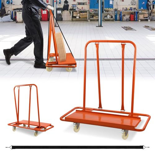 Eikuavons Orange Plattenwagen aus Stahl mit Spanngurt – Dreieckige Konstruktion, 1000 kg Tragkraft, 4 Lenkrollen mit Bremse, für Gipskarton, Holz, Glas, MDF