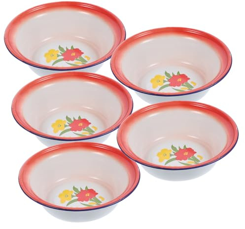 FUNNETOYU Set 5 Ciotole Smaltate Vintage in Smalto Versatile per Campeggio e Picnic, Ciotole Profonde Compatte per Insalate e Zuppe Stile Casuale