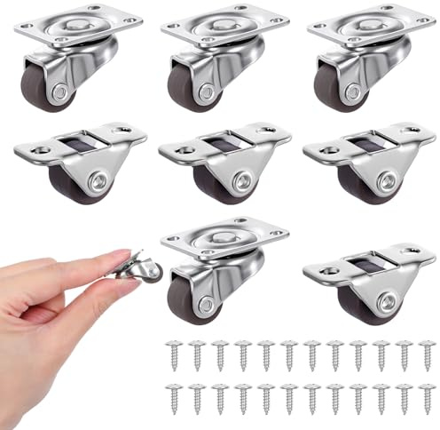 Lot de 8 petites roulettes pivotantes 1/2 - Roulettes universelles - Direction simple - Petites roues en caoutchouc avec plaque en acier - Pour meubles, appareils de cuisine, jardinières, plateau