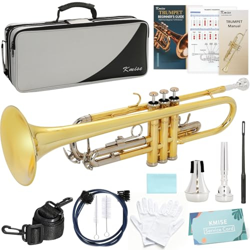 Kmise Bb Standard Trumpet, Premium Brass Trumpets for Student Beginner, Trumpet Instrument Set with Upgraded Case, 7C Mouthpiece, Mute, Beginner's Guide Kit, Cleaning Kit (Gold & Nickel Plated)
