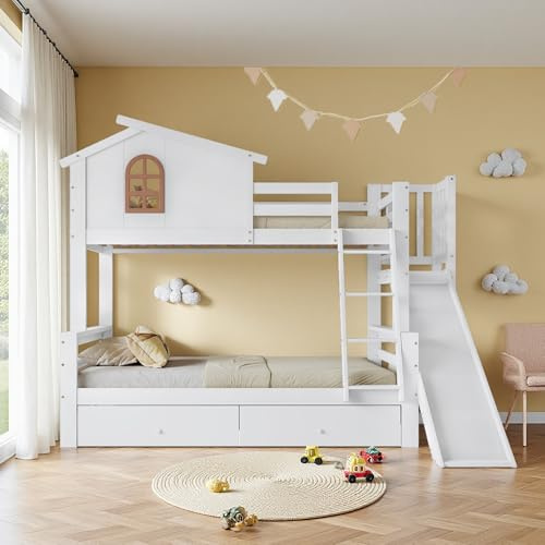 Luonians Lit superposé Enfant 90/120x200 avec Toboggan et 2 tiroirs,lit Enfant en Bois Massif,Cadre de lit cabane Enfants 90/120x 200 avec sommier à Lattes (Blanc)