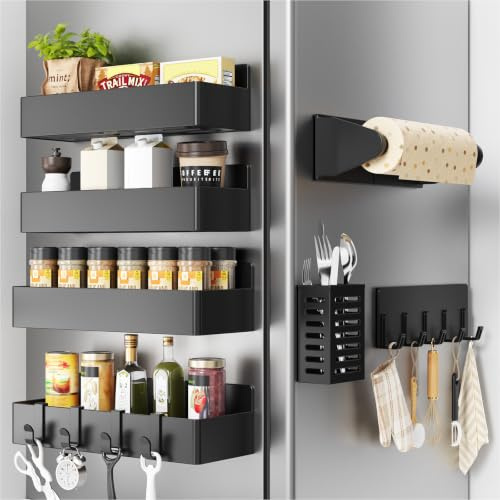 Magnetisches Gewürzregal für den Kühlschrank,7 Pack Kühlschrank Organizer mit Papierhandtuchhalter,Hakenleiste und Besteckkorb,Wandregal Hängend für Küchen,Beweglicher Kühlschrank Vorratsorganizer
