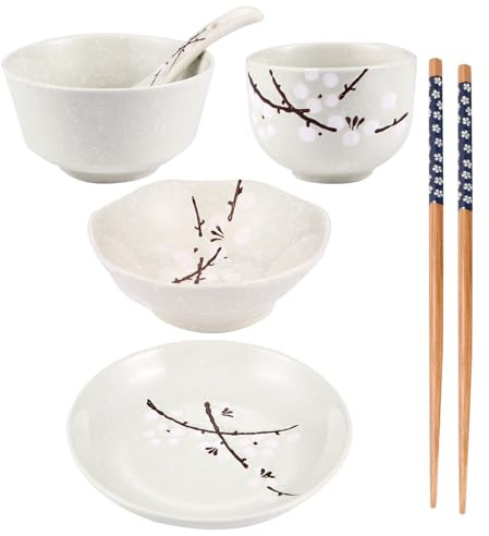 Angoily Set Stoviglie in Ceramica Giapponese 6 Pezzi per Single Completo di Ciotola Piatto Tazza Cucchiaio e Bacchette Stoviglie Pratiche per Uso Quotidiano e Tavola di Casa