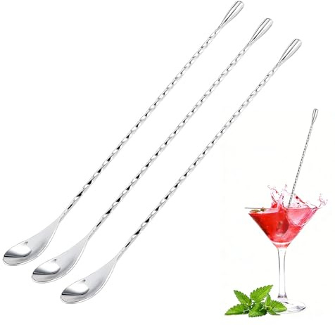 MEOAlBkey 3 PCS Stainless Steel Cocktail stirrers, 30cm Long Handle Mixing Spoons with Twisted Spiral Design for Bartenders and Home Use with Cocktails Coffee Tea and Ice Cream as Bar Accessories