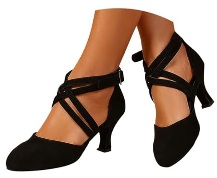 Minetom Chaussures De Danse Latine pour Femmes Sandale en Suède Bout Fermé Tango Valse Sociale Salsa A Noir 37 EU
