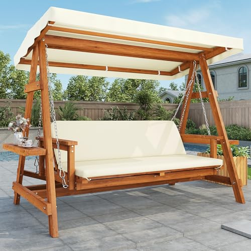 Merax Balancelle 3 places en bois de mélèze avec toit pare-soleil, balançoire de jardin robuste avec coussins, étagères latérales, construction résistante au vent, meubles de jardin pour terrasse et