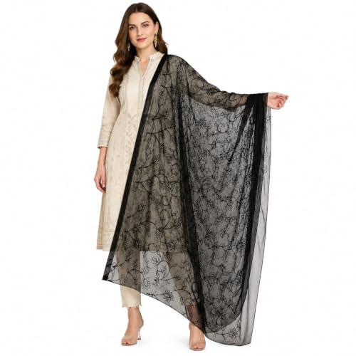 SHYAMVUN Women's Black Embroidered Chiffon Dupatta Stole