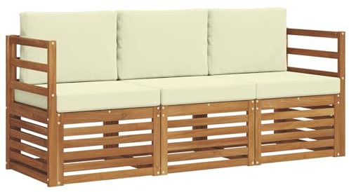 Mhdvray 3-Sitzer Gartensofa aus Akazienholz Massiv, Modulares Outdoor Loungesofa Set mit Kissen, Holzsofa Sitzgruppe für Garten, Terrasse und Poolbereich, Natur und Creme