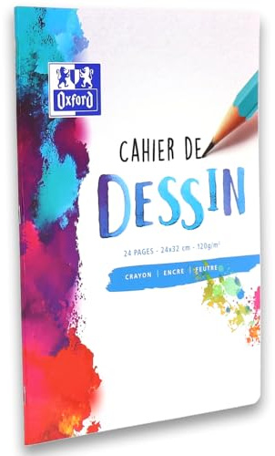 OXFORD Bloc Dessin A4 Réglure Unie Blanche 100 Pages Collées Côté Couverture Colorée