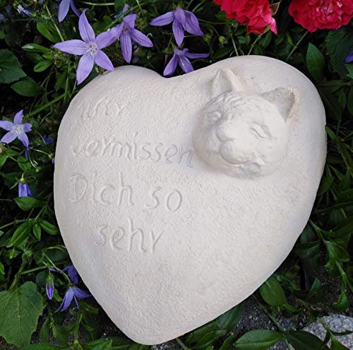 Radami Grabherz 3D Katze Spruch - Wir vermissen Dich so sehr - Grabschmuck Dekoherz Steinguss Herz