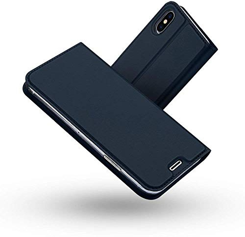 Radoo Coque iPhone XS,Coque iPhone X, Ultra Mince en Cuir PU Premium Housse à Rabat Portefeuille Coque Étui de Protection Bumper Folio à Clapet pour Apple iPhone XS/iPhone X 5.8 Pouces (Bleu)