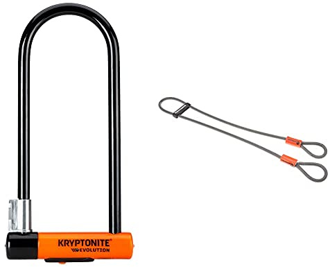 Kryptonite Evolution Long Shackle U-Lock with Flexframe Bracket Sold Secure Gold & Kryptoflex Cable with Double Loop Bike Lock Security, 10mm x 120cm, Silver/Orange