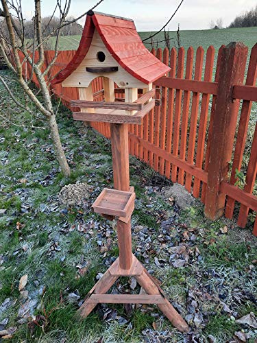 Mangeoire pour oiseaux, avec nichoir et support en bois - Mangeoire pour oiseaux sauvages - À poser dans le jardin ou sur le balcon - 6 couleurs (naturel + palissandre + acajou)