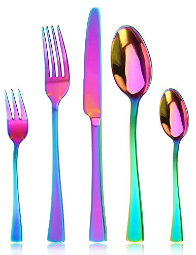 Besteck Set 6 Personen, Bettlife Regenbogen 30 teilig Essbesteck Set, Monobloc-Messer, Edelstahl poliert, glänzend, spülmaschinenfest