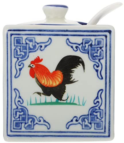 Garneck Salt and Pepper Cellar with Lid and Ceramic Vintage Sugar Bowl Porcelain Seasoning Box Blue and White Porcelain Rooster
