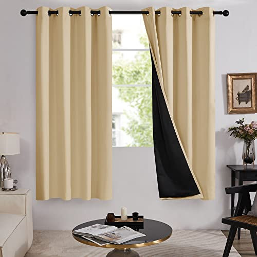 Deconovo Total Blackout Curtains for Bedroom 54 Inch Drop, Thermal Curtains for Winter, Windproof Soundproof Double Layer with Black Lining, 52 x 54Inch(Width x Length), Beige, 2 Panels