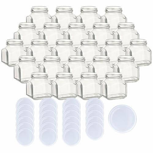 gouveo Firenze Lot de 24 bocaux de conservation vides de 212 ml avec couvercle à visser blanc – Petits bocaux de conservation avec couvercle à visser TO58 mm – Bocaux à confiture vides, pots à épices