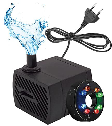 CAM2 Mini Wasserpumpe mit 8 LEDs und Saugnäpfen Springbrunnen pumpe 280 L/h 4W 220V-240V 50/60hz Einstellbare Wassermenge 8/13mm, Geeignet für kleine Aquarien, Aquarienpumpen, Gärten
