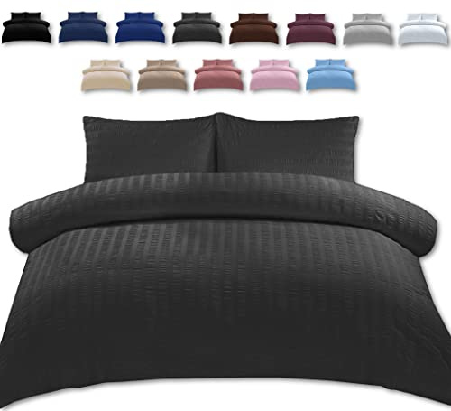 TheWhiteWater Double Bed Duvet Set - 2 in 1 Seersucker Bedding Set - Duvet Cover + 2 Matching Pillowcases - Natural Cotton + Virgin Polyester - Seersucker Pattern (Charcoal, Double - 2in1)