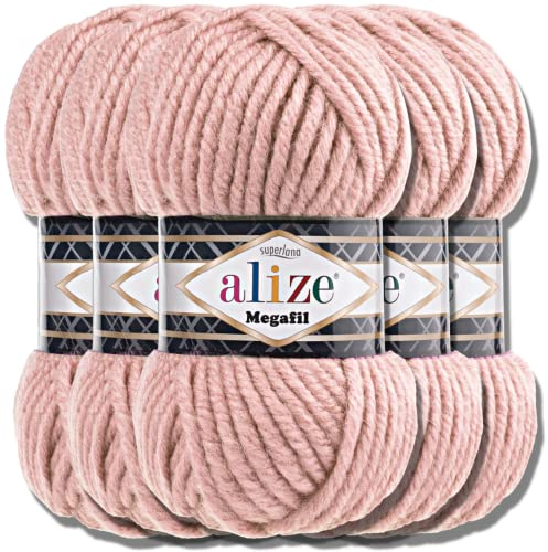 Alize 5x 100g Superlana Megafil Türkische Wolle Super Bulky Chenillegarn Babywolle Handstrickgarn häkeln weiches Chenille-Garn XXL-Knäuel für Amigurumi Yarn Garn (Powder | 161)