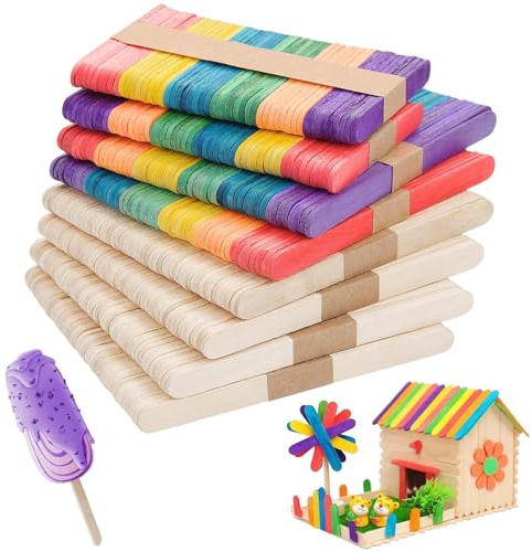Mbsomnus 400 stycken isstjälkar av trä, träpinnar för pyssel, ispinnar, träspatel för popsicle tillverkning, gör-det-själv hantverk hantverk, bakning, gåvor (naturliga och färgglada)