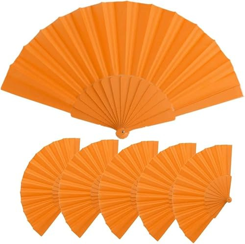 Lote de 25 abanicos de tela y plástico para detalles a invitados en bodas, bautizos, comuinoes, fiestas de verano etc. Abanicos presentados en caja de cartón. Abanicos de colores (NARANJAS)