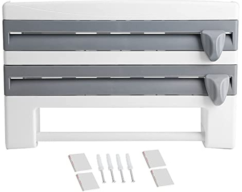 3-Fach Wandrollenhalter, Schneidabroller Küchenrollenhalter Papierrollenhalter für 3 Rollen Folienschneider mit messerscharfen Klingen für Küche Restaurant Hotel Bar (Grau)